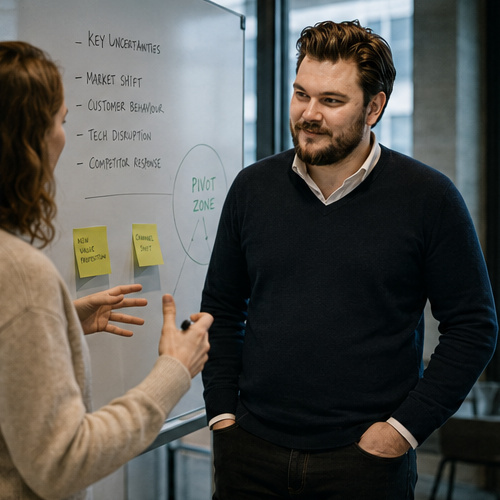 Whiteboard session mapping strategic direction and pivot options